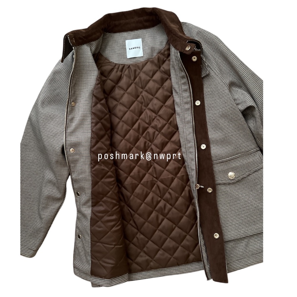 Sandro Bastille Plaid Quilted Barn Coat Field Zip Up Jacket 34 XS 0 Brown - Picture 11 of 16